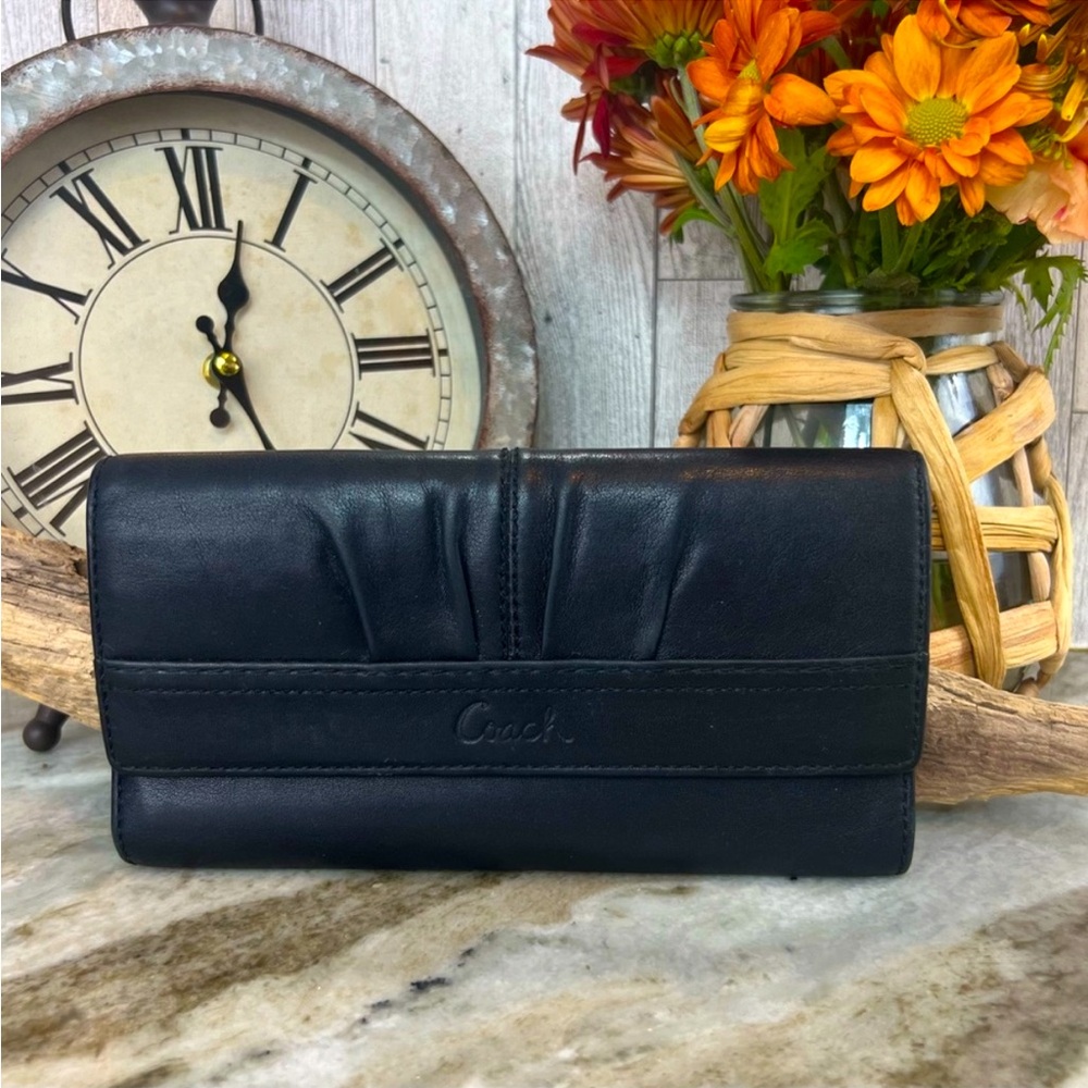 COACH Pleated Trifold Black Wallet, Black & Grey